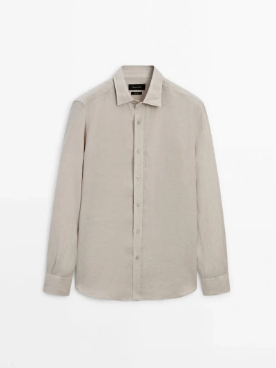 Massimo Dutti Dyed Thread Regular Fit Linen Shirt In Sand