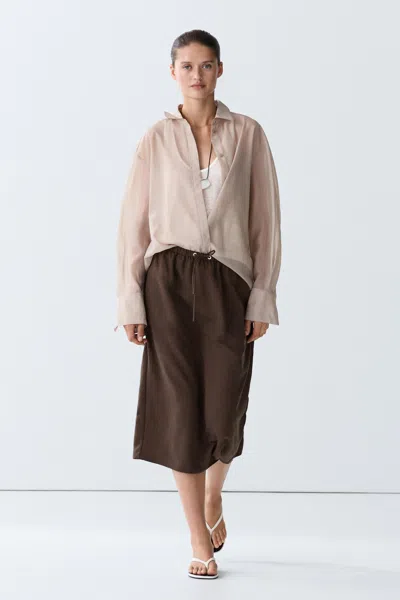 Massimo Dutti Elastic Waist Flowing Midi Skirt In Brown