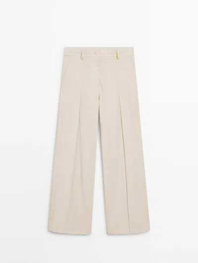 Massimo Dutti Faded Wide-leg Trousers In Cream