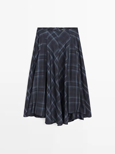 Massimo Dutti Falda Fluida Godets Estampado Cuadros In Blue