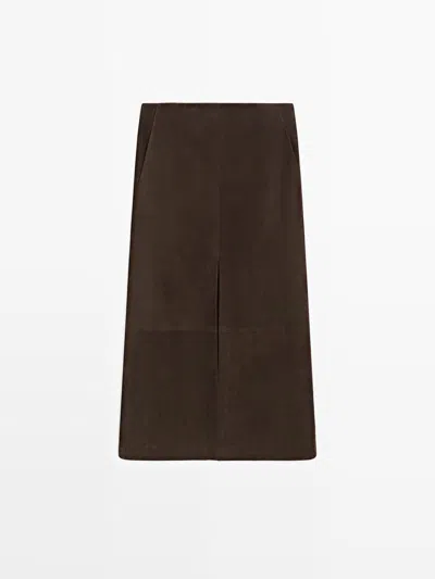 Massimo Dutti Falda Midi Recta Piel Nobuck In Animal Print