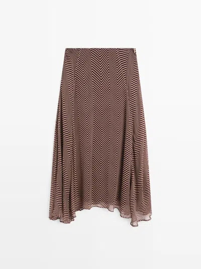 Massimo Dutti Falda Midi Vuelo Estampado Geométrico In Brown