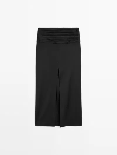 Massimo Dutti Falda Recta Midi Fajín Fruncido In Black