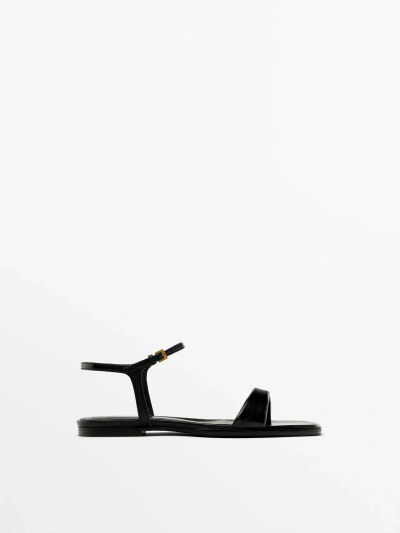 Massimo Dutti Flat Creased Patent Finish Sandals In Black