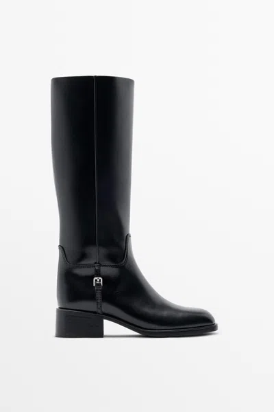 Massimo Dutti Flat Leather Knee In Zwart