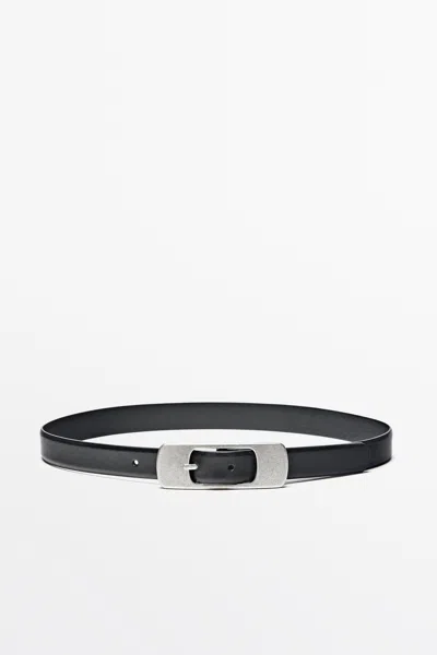 Massimo Dutti Cinto Com Fivela Plana Em Pele Napa In Black