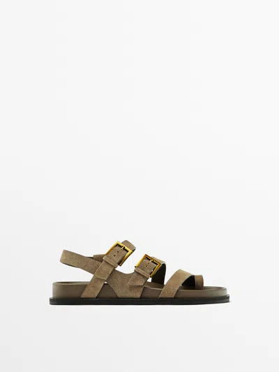 Massimo Dutti Flat Sandals With Buckles In Taupe