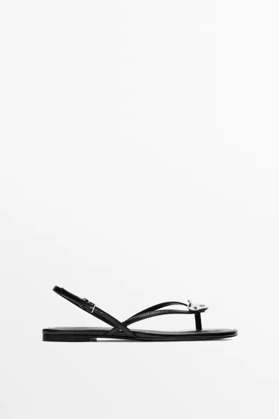 Massimo Dutti Flat Slider Sandals With Gem Detail In Black