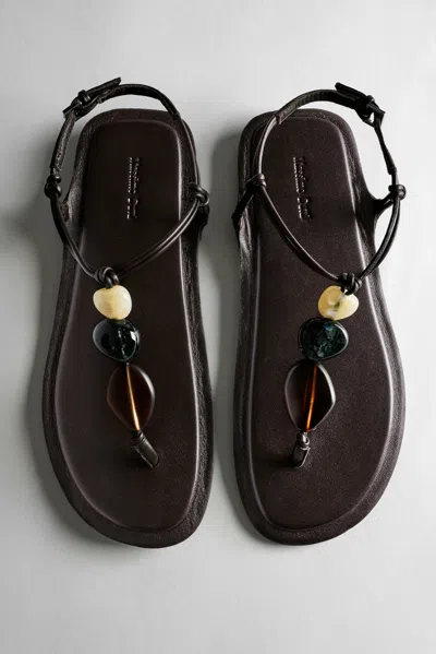 Massimo Dutti Flat Slider Sandals With Stones In Brown