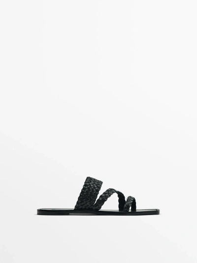 Massimo Dutti Flat Slider Sandals With Woven Straps In Black