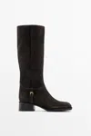 Massimo Dutti Flat Split Suede Leather Boot With Lateral Buckle In Bruin