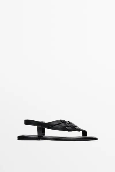 Massimo Dutti Flat Woven Leather Sandals In Black