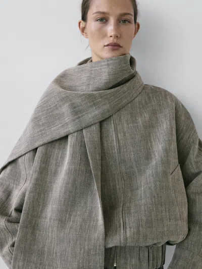 Massimo Dutti Flecked Bomber Jacket With Scarf In Gray