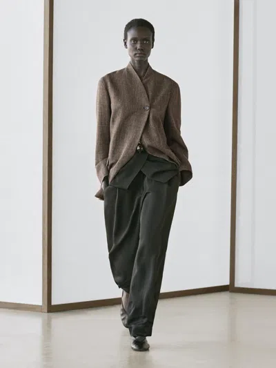 Massimo Dutti Flecked Wool Blend Coat With High Collar In Brown