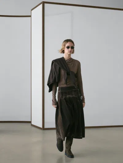 Massimo Dutti Flocked Denim Midi Skirt With Box Pleats In Brown