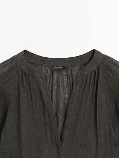 Massimo Dutti Flowing 100% Linen Long Oversize Blouse In Gray