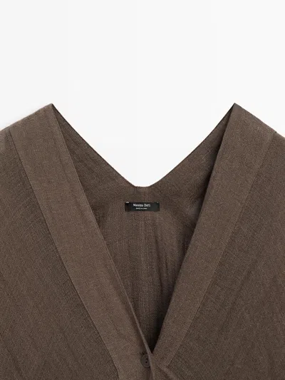 Massimo Dutti Flowing 100% Linen Oversize Blouse With Back Detail In Brown