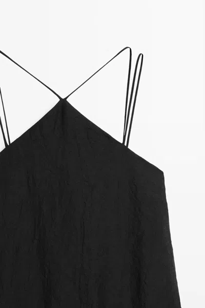 Massimo Dutti Flowing 100% Linen Strap Dress In Black