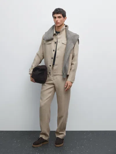 Massimo Dutti Flowing 100% Linen Trousers In Neutral