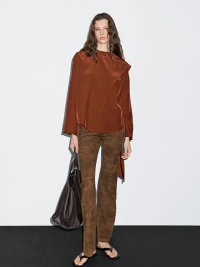 Massimo Dutti Flowing Blouse With Tied Neck In Brown