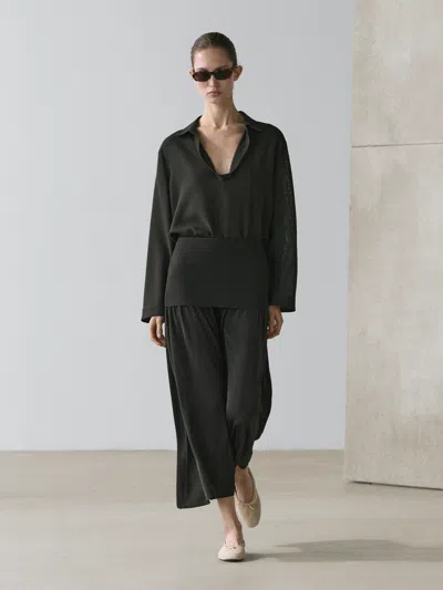 Massimo Dutti Flowing Contrast Midi Skirt In Black