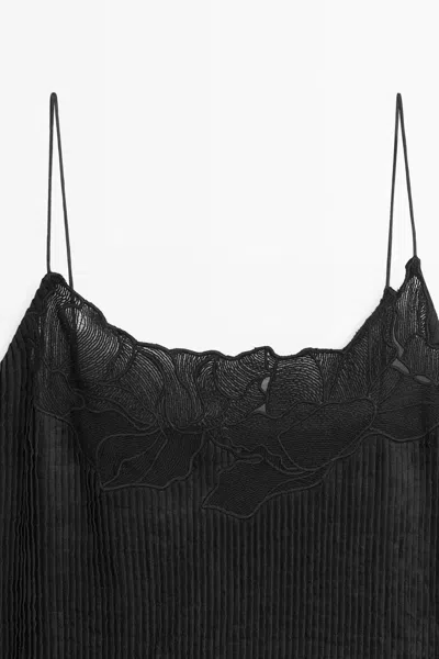 Massimo Dutti Flowing Embroidered Midi Dress With Pintuck Detail In Black