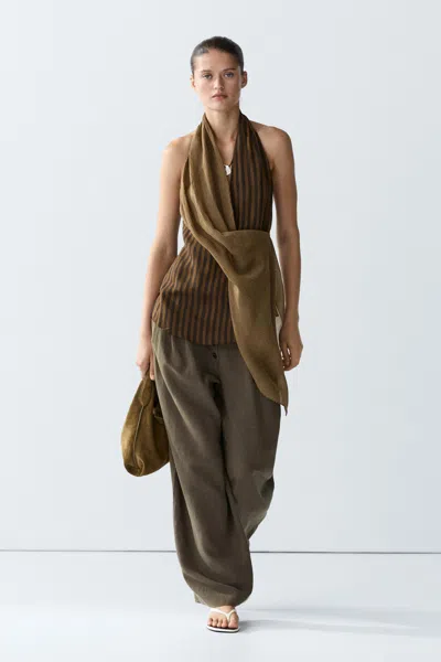 Massimo Dutti Flowing Halter Total Look Top In Khaki