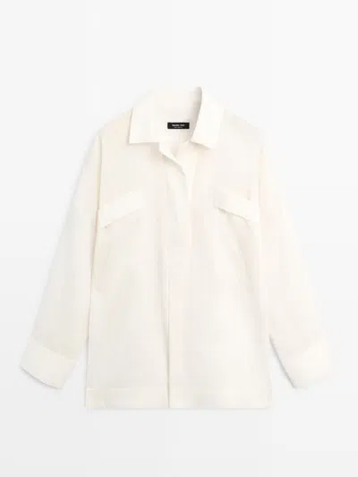 Massimo Dutti Camisa Fluida Abertura Lino Algodón In White