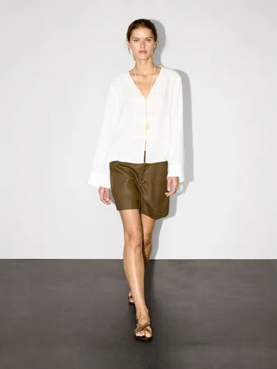 Massimo Dutti Flowing Linen Blend Blouse With V In White