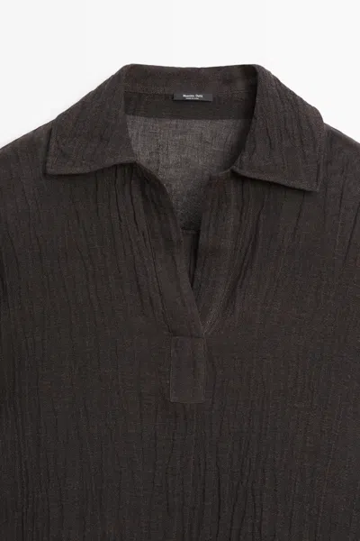 Massimo Dutti Flowing Linen Blend Polo Blouse In Brown