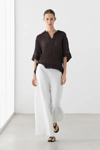 Massimo Dutti Flowing Linen Blend Polo Blouse In Brown