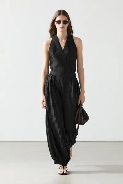 Massimo Dutti Flowing Linen Blend Sarouel Trousers In Black