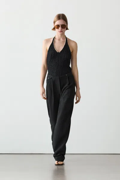 Massimo Dutti Flowing Linen Blend Trousers With Pocket Details In Black