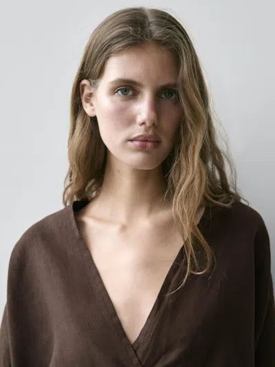 Massimo Dutti Flowing Linen Surplice Blouse In Brown