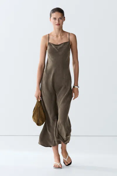 Massimo Dutti Flowing Lingerie Midi Dress With Thin Straps In Grey