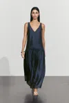 Massimo Dutti Flowing Long Flared Dress In Medium Blue