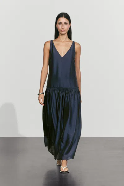 Massimo Dutti Flowing Long Flared Dress In Medium Blue