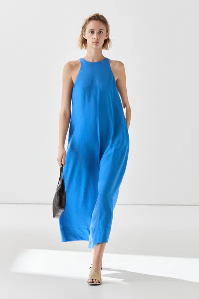 Massimo Dutti Flowing Long Halter Dress In Blue