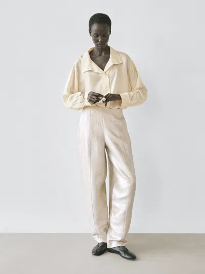 Massimo Dutti Flowing Metallic Linen Trousers In White
