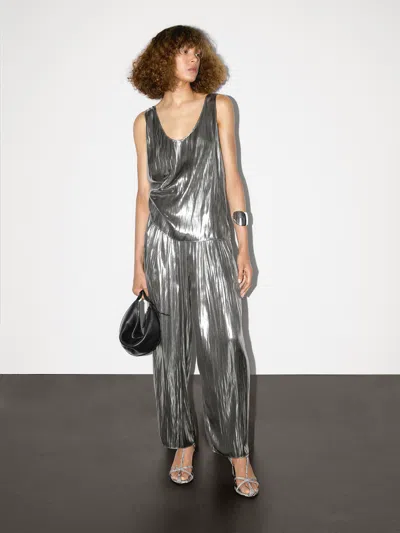 Massimo Dutti Flowing Metallic Trousers With Gathered Detail In Silver