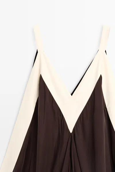 Massimo Dutti Flowing Midi Dress With Contrast Trim Detail In Brown
