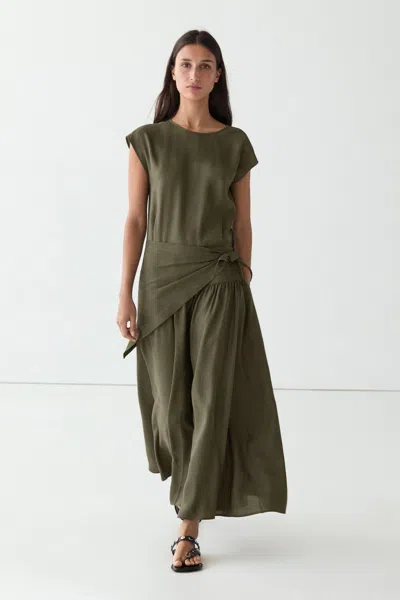 Massimo Dutti Flowing Midi Dress With Scarf Detail In Green