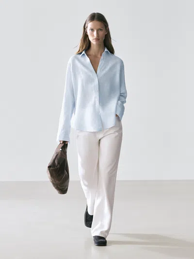 Massimo Dutti Chemisier Fluide Milleraies 100 % Lin In Blue