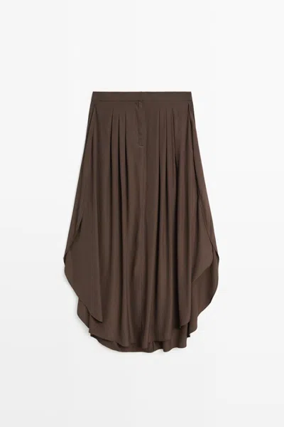 Massimo Dutti Flowing Pleated Midi Skirt In Marron