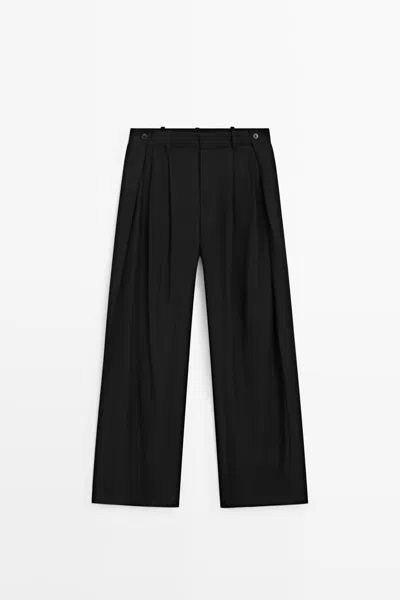 Massimo Dutti Flowing Pleated Pants With Button Detail In Black