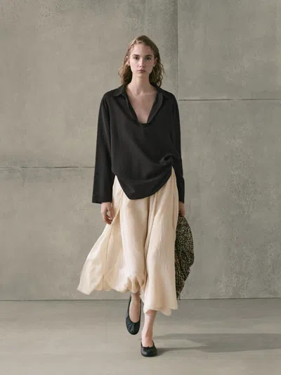 Massimo Dutti Flowing Ramie Blend Midi Skirt In Neutral