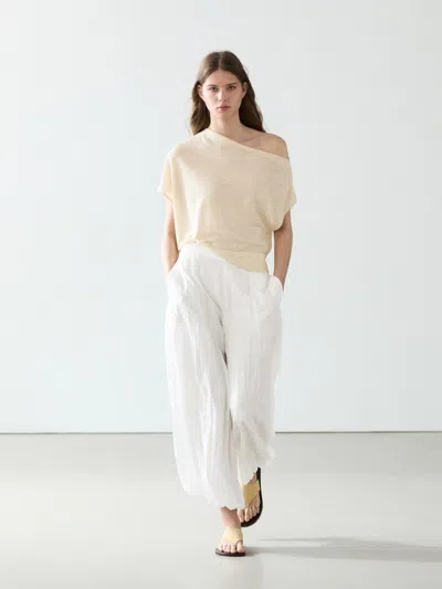 Massimo Dutti Flowing Sarouel Trousers With Textured Detail In White