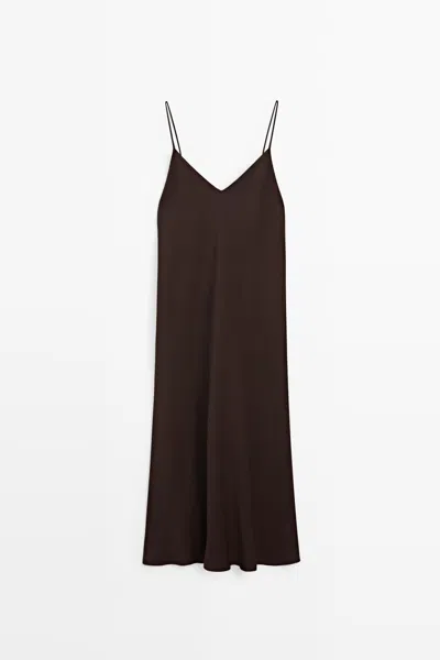 Massimo Dutti Flowing Satin Midi Dress In Brown