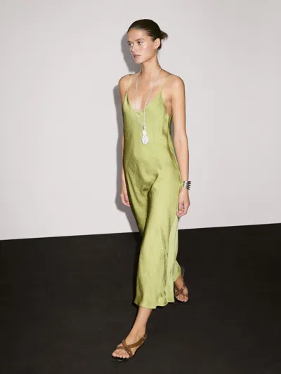 Massimo Dutti Flowing Satin Midi Dress In Green