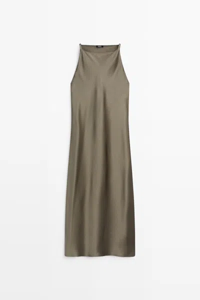 Massimo Dutti Vestito Midi Fluido Satinato In Green